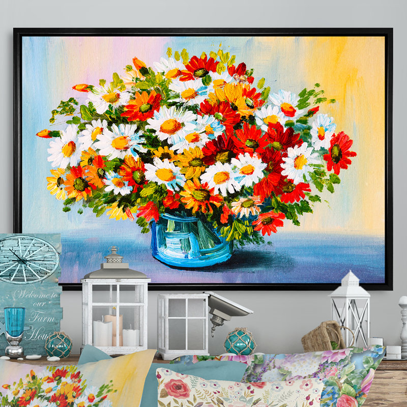 Nature morte fleurs rouges et blanches dans un vase - reproduction sur toile avec cadre flottant, H 16 po x l 32 po x P 1 po