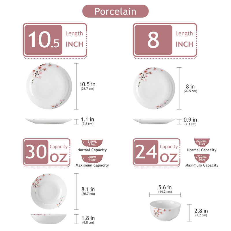 24 Piece Porcelain China Dinnerware Set - Service for 6 