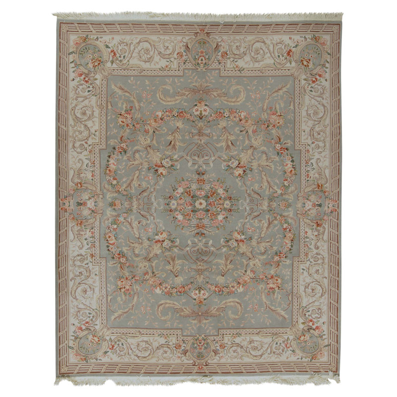 Tapis vert clair et crème noué à la main de haute qualité