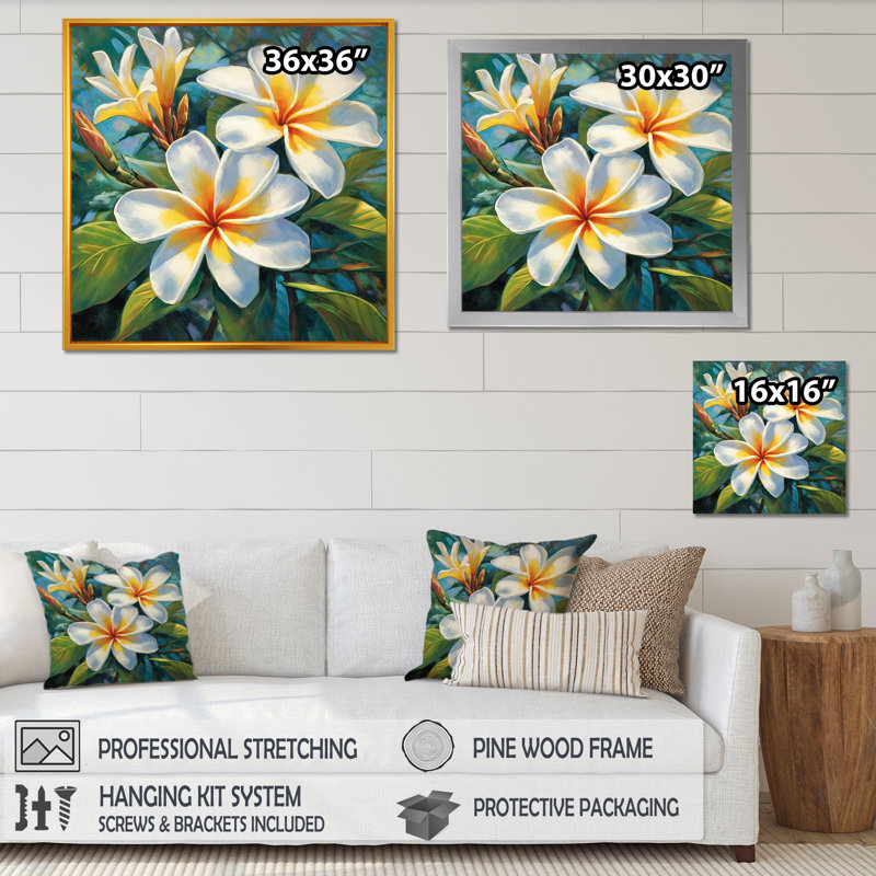 «White Plumeria Symphony Magic», reproduction sur toile encadrée Plumeria, Cadre doré simple, H 30 po x l 30 po x P 1 po