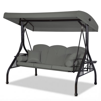 3-Seat Outdoor Porch Swing with Adjustable Canopy, 2 in 1 Convertible Patio Swing Bed, Patio Glider Swing for Backyard, Grey
