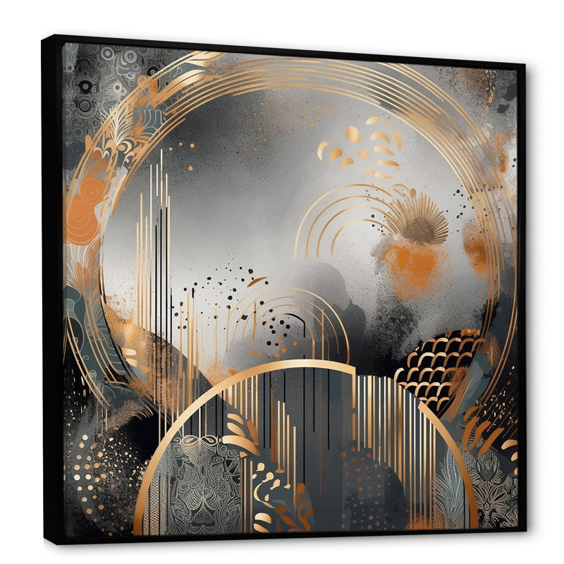 Or et gris, formes modernes, minimalisme IV - décoration murale abstraite, H 30 po x l 30 po x P 1,5 po, Cadre flottant noir