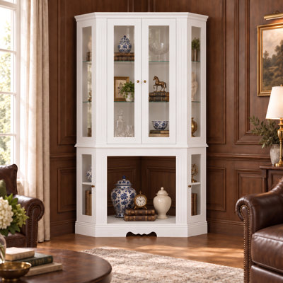 47.2" W Traditional Corner Display Cabinet with Glass Shelves, Bronze Handles, Side Glass Panels & Open Fireplace Space