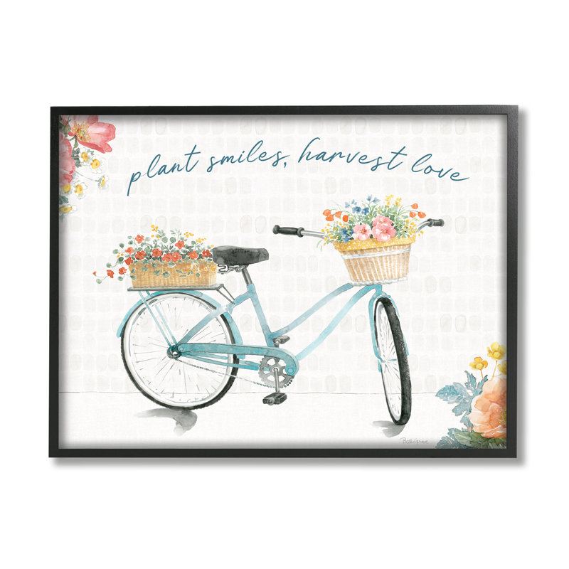 Plant Smiles, récolte, amour, phrase, panier de fleurs, bicyclette - impression, Giclée encadrée noir minuit