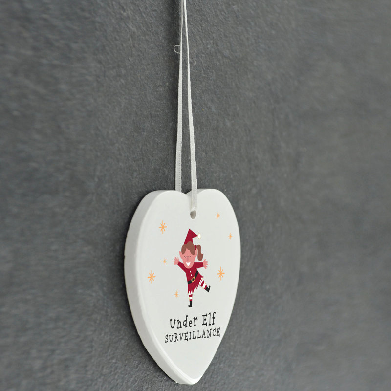Xmas Under Elf Surveillance Heart Shaped Ceramic Ornament