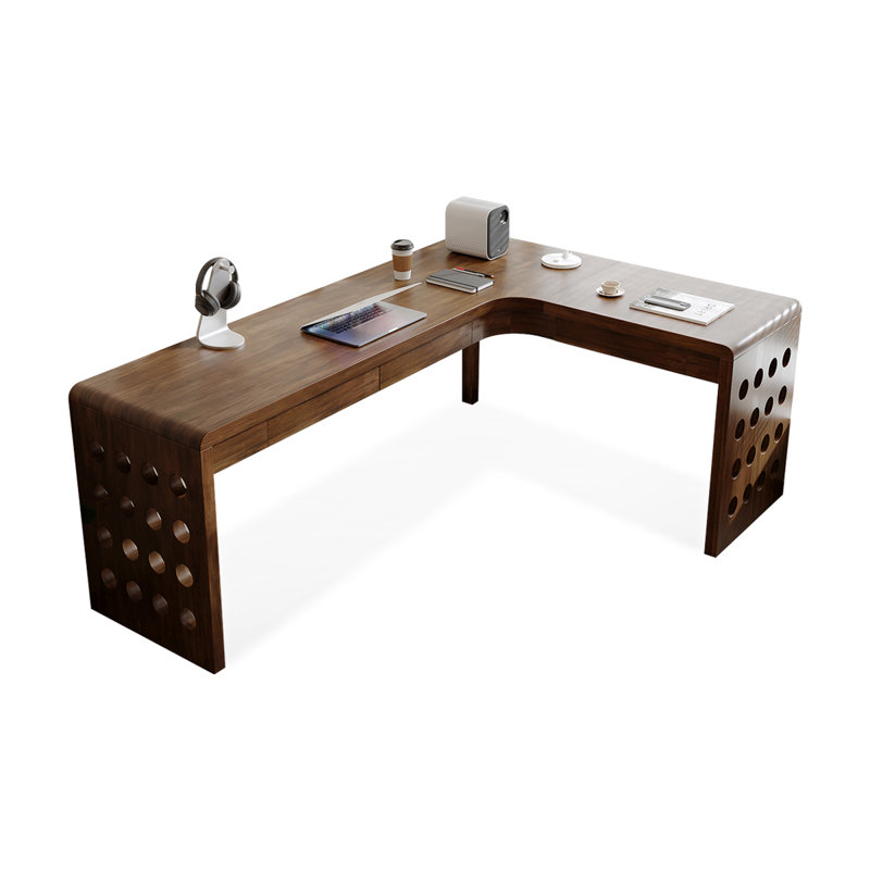 Bureau en bois massif en forme de L brun noyer avec 3 tiroirs, H 29,53 po x l 62,99 po x P 47,24 po, Retour à droite