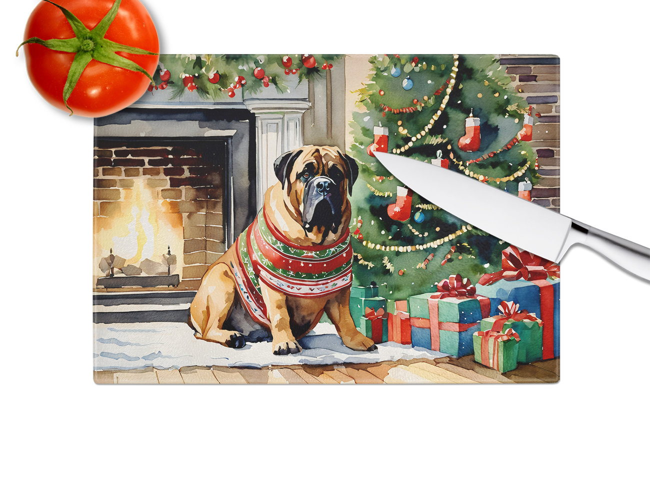 Caroline's Treasures Pug Cozy Christmas Glass Cutting Board Large