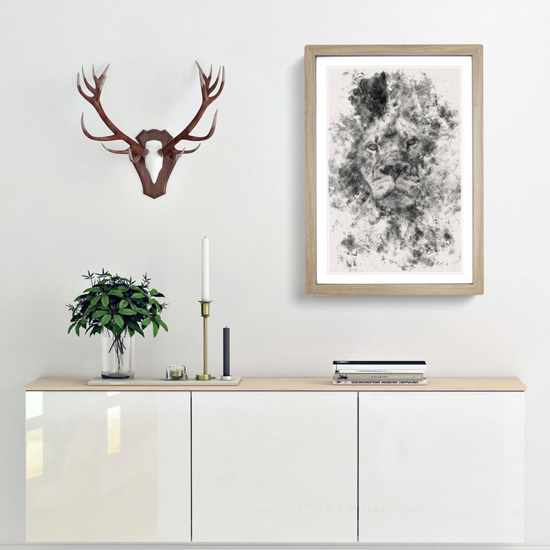 The Proud Lion - Picture Frame Graphic Art, 33cm H x 24cm W x 2cm D, Oak Framed