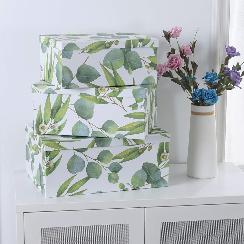 Decorative Cardboard Boxes With Lids For Home Décor - Sprigs Of Green - Set Of 3: Large Nesting Gift Boxes, Pretty Paperboard Storage Boxes For Organizing, Memory Boxes For Keepsakes