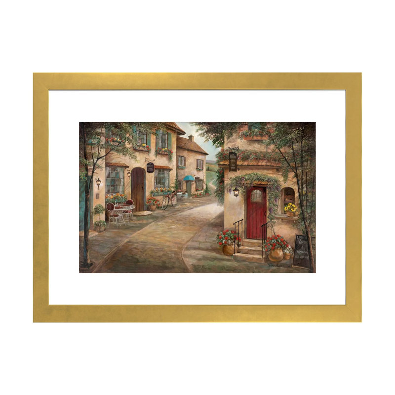 Café pittoresque par Ruane Manning - reproduction d'art, H 16 po x l 24 po x P 1 po, Papier encadré doré, Blanc