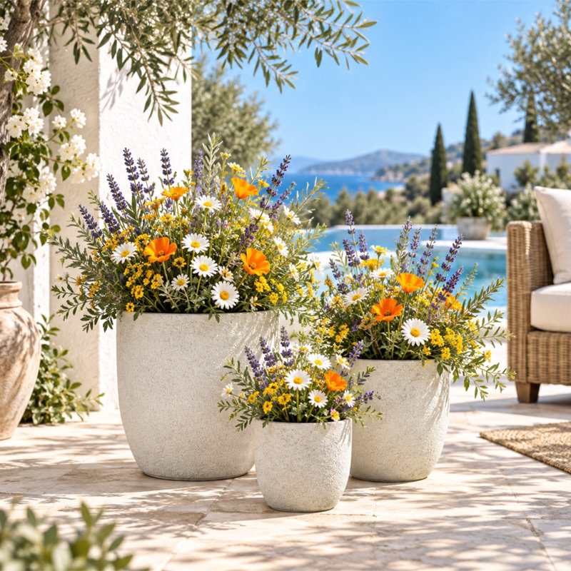 U_STYLE 3 pots de fleurs ronds pour l'extérieur MGO, pots de fleurs texturés mat avec trou de drainage pour patio, Blanc