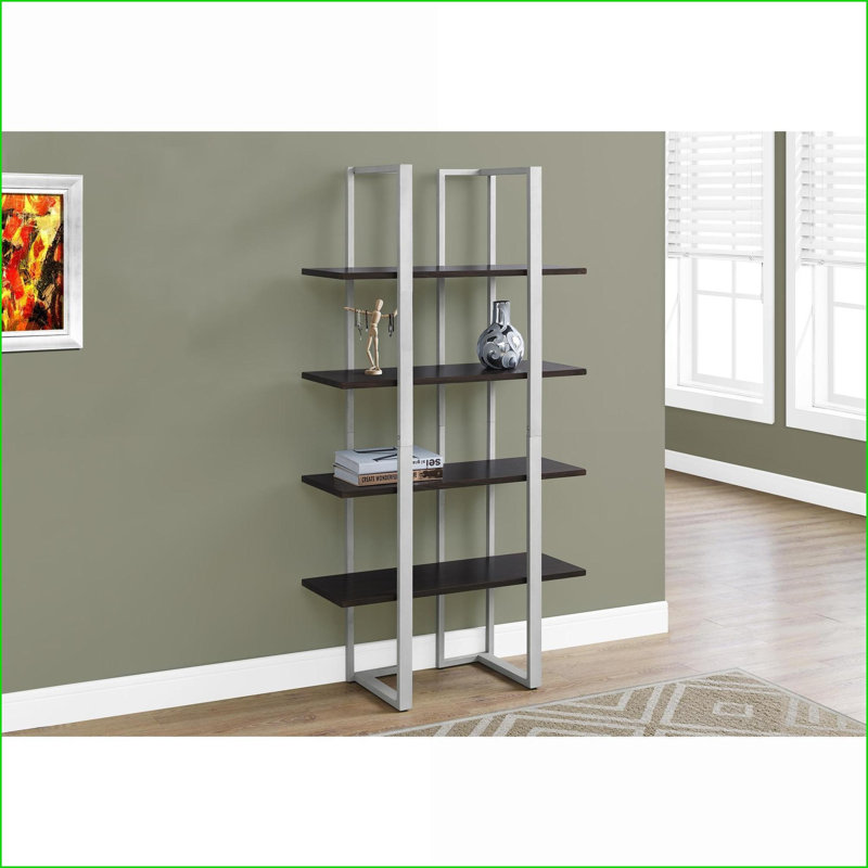 Bibliothèque | 4 niveaux contemporain moderne | Stratifié brun foncé & amp; Métal argenté mat | H 60 po tablettes ouvertes | Espresso | Panneau de fibres à densité moyenne