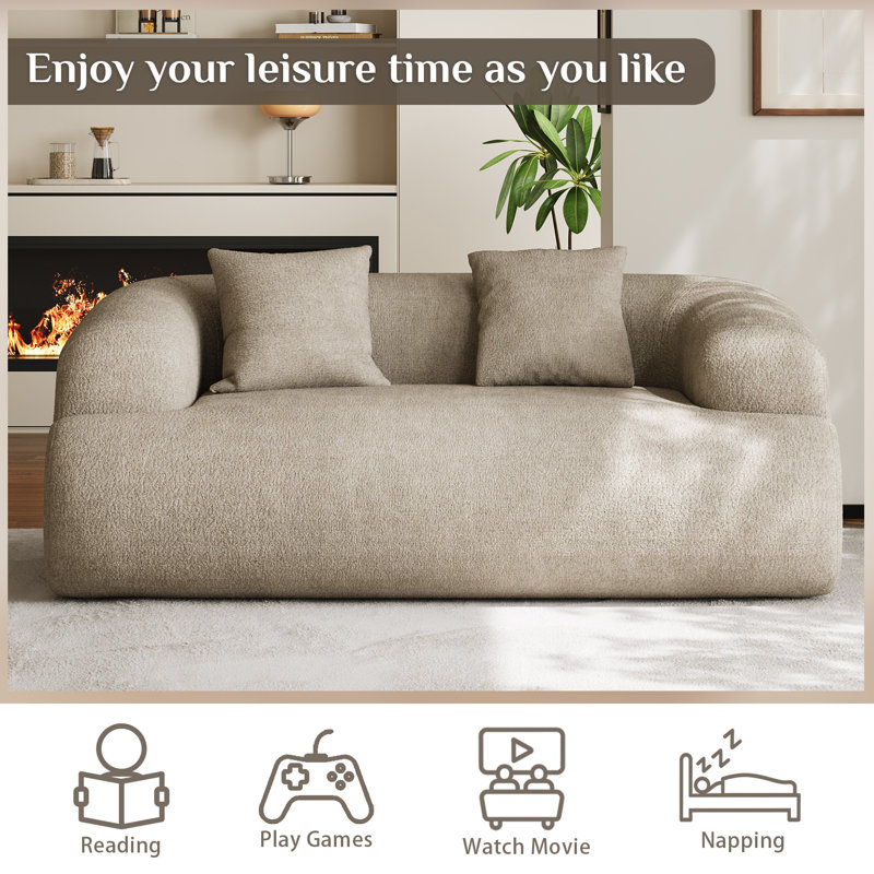 Boneless Modern Curved Sofa Compression Couch, Light Brown, 24.5" H x 75.5" W x 40.8" D