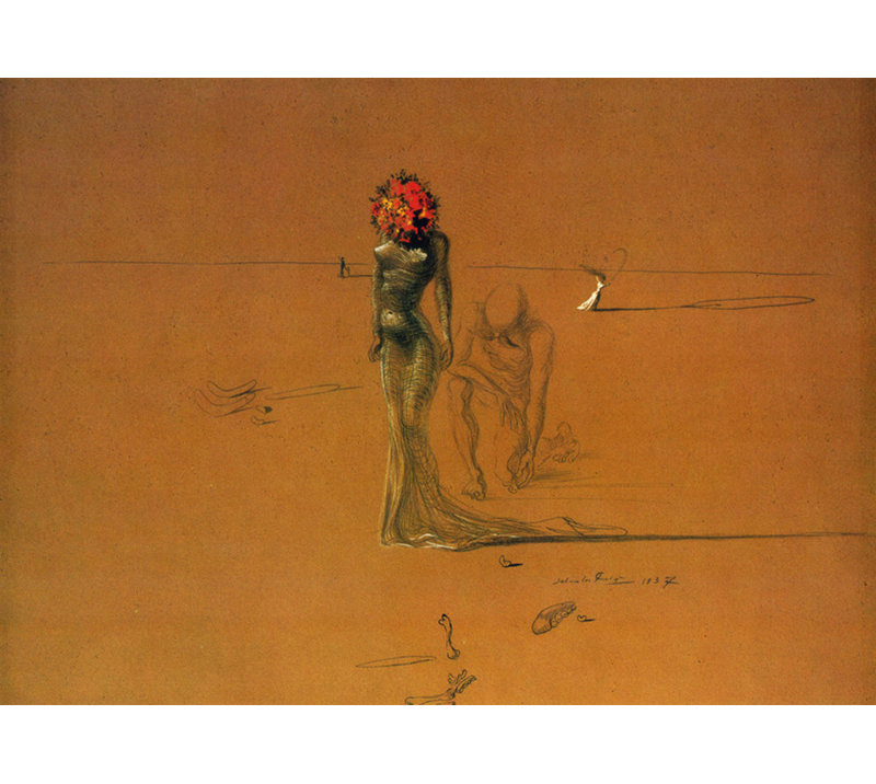 Femme avec tête de fleurs, H 17 po x l 24 po