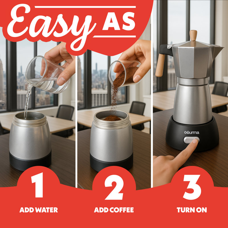 Cafetière électrique Gourmia avec poignée en hêtre, 3 à 6 tasses, argent Gourmia