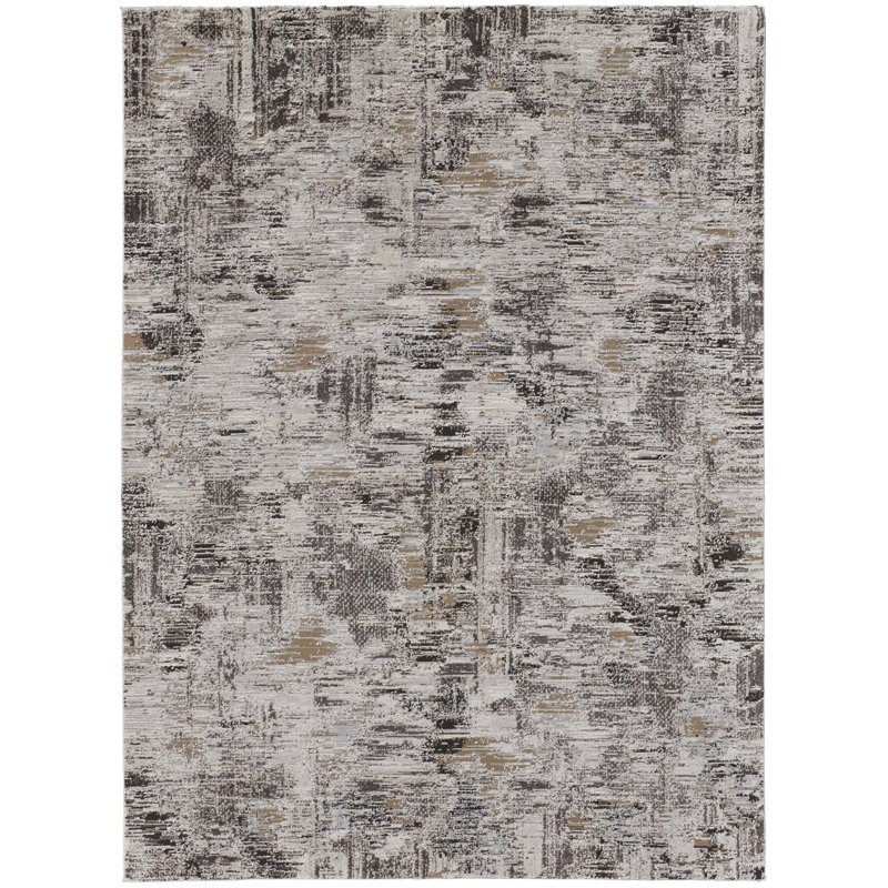 Tapis gris ivoire / gris anthracite tissé à la machine Queens Boulevard, Rectangle 12 pi x 15 pi