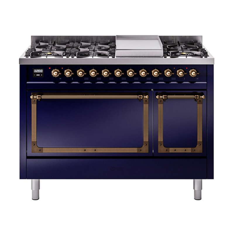 ILVE Nostalgie II Noblesse 48 in Dual Fuel Range, 8 Burner, Griddle, Midnight Blue/Burnished, Natural Gas