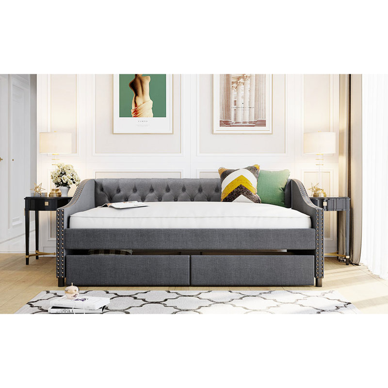 Full Size Upholstered Daybed With Two Drawers, Gray, Strong Base Structure, Gray