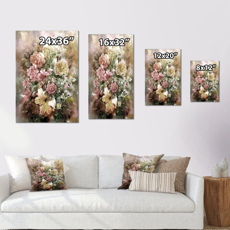 «Grunge rose vert été fleurs II», reproduction d'art sur toile traditionnelle