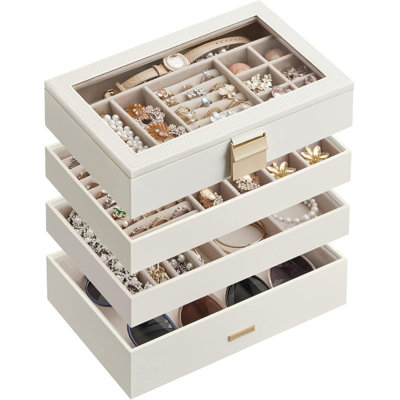 Stackable Jewelry Trays,4-Tier Jewelry Box,Drawer Jewelry Organizer, With Glass Lid, Cloud White