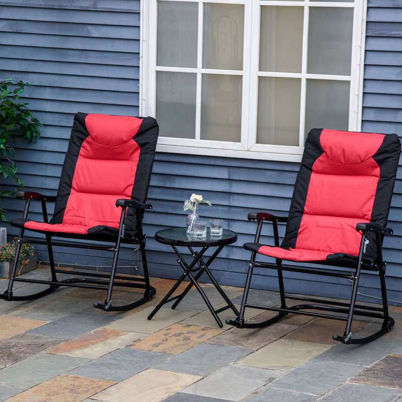 3 pièces de mobilier de patio, rouge - 2 chaises berçantes confortables et table basse pliable en verre pour balcon, pliante avec tissu enduit