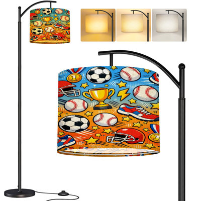  Arc Floor Lamp Sports Equipment Soccer Baseball Helmets Sneakers Trophies Tall Modern Standing Lamp LED Adjustable Linen Lampshade 3 Color Temperatures