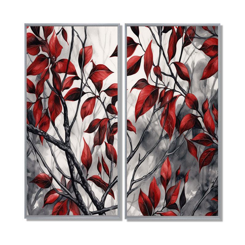 Feuilles rouges et grises sur un arbre VI - décoration murale rouge, H 20 po x l 24 po, Impression encadrée flottante