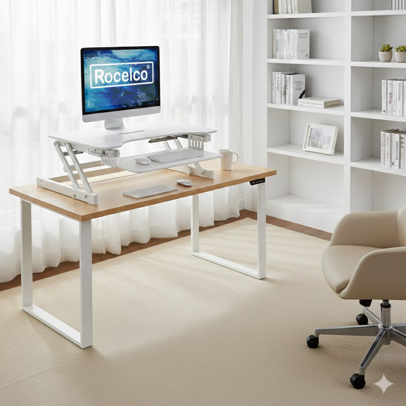  32 in. White Height Adjustable Standing Desk Converter with Anti Fatigue Mat and Dual Monitor Riser Platform, White