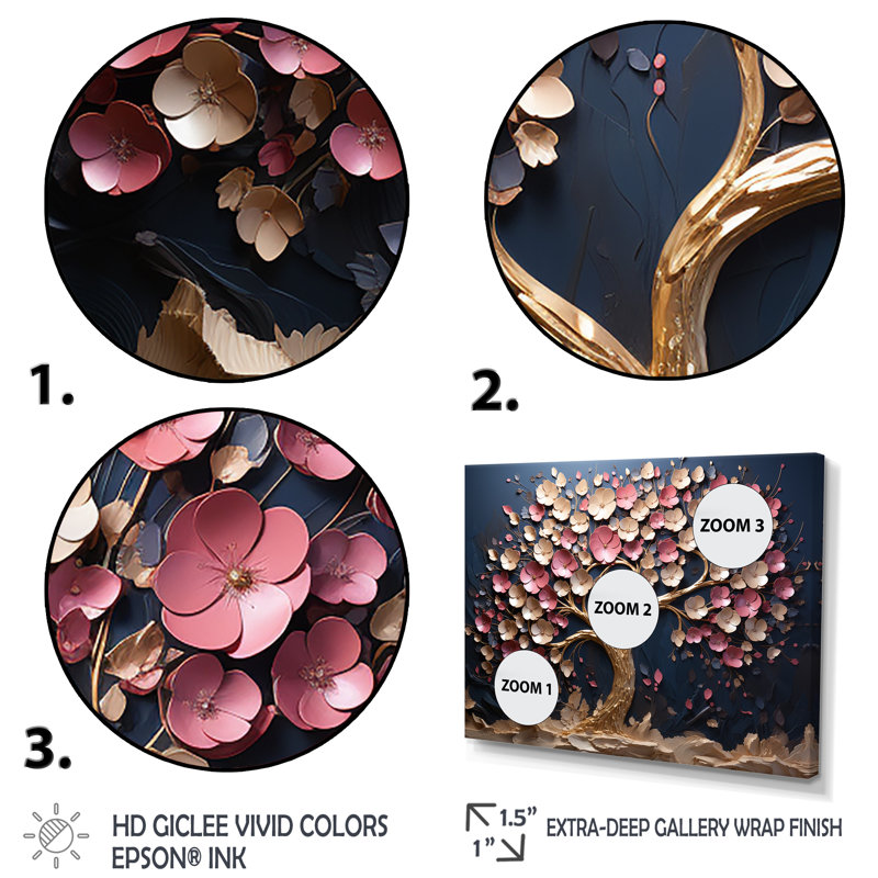Orchidée rose et or jardin de branches IV - art mural arbre, H 24 po x l 32 po x P 1 po, Cadre flottant doré