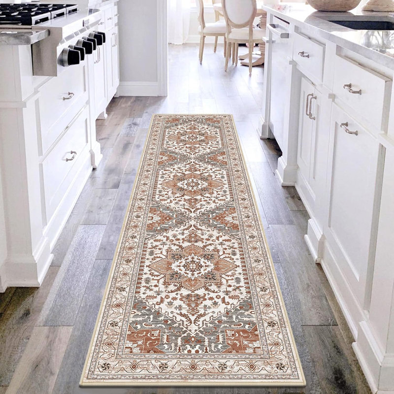 Vintage Runner Rug Non-Slip Vintage Washable Kitchen Rug, Runner 2' x 8', Beige Gray