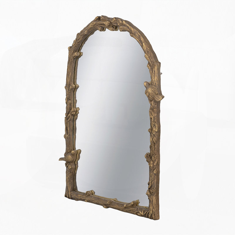 Arched Wall Mirror with Gold Botanical and Bird Motifs