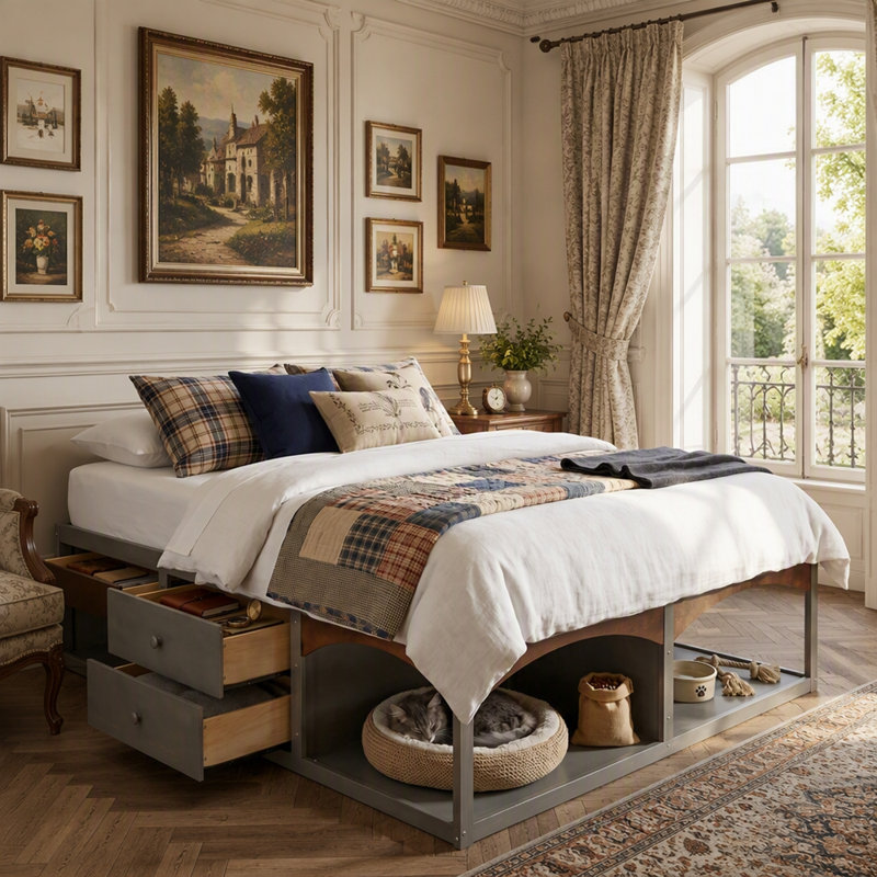 Très grand lit avec tiroirs de rangement, Gris antique