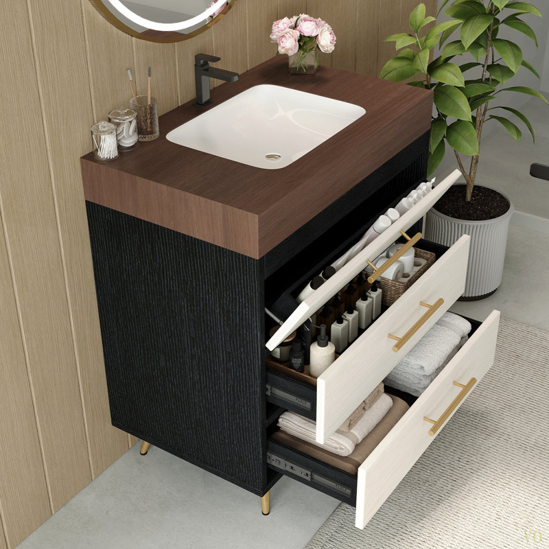 Meuble-lavabo autoportant moderne avec lavabo vasque en céramique et plateau en pierre frittée durable, Noir / blanc, Brun