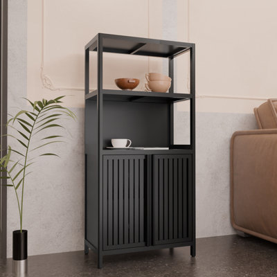 Versatile Black Bamboo Storage Cabinet with 2 Doors, Perfect for Bathroom, Living Room, and Kitchen Organization