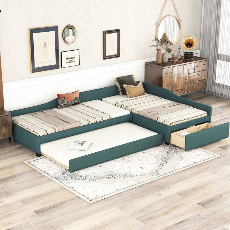 Lit de jour rembourré simple avec lit gigogne et tiroir - Lit pratique pour les chambres d'amis, Vert