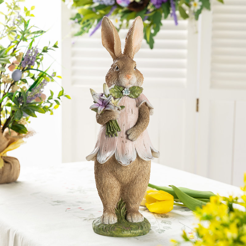 15.5"H Easter Resin Bunny Girl Table Decor With Flowers
