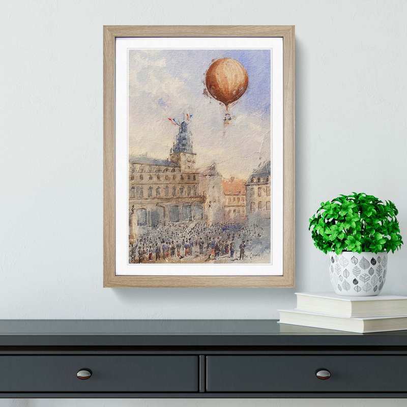 Hot Air Balloon Above Paris by Camille Gravis - Framed Print, Oak Framed, 36cm H x 27cm W x 2cm D