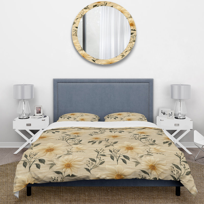 Literie jonquille rétro verte et beige, Housse de couette pour très grand lit et 2 très