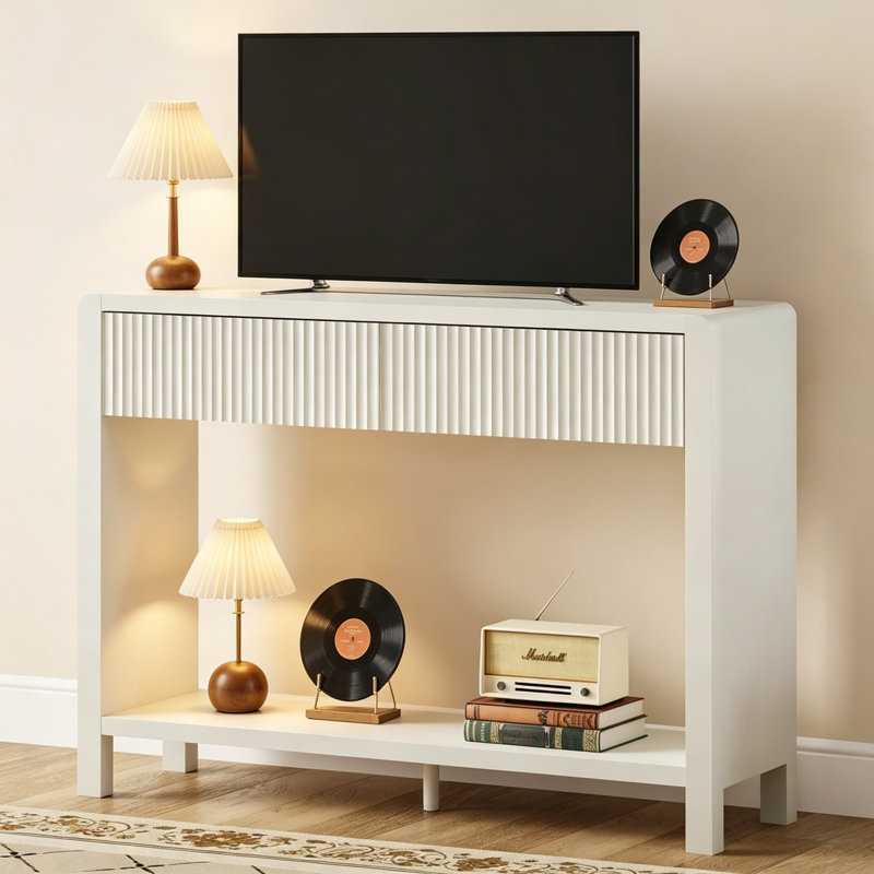 Console étroite avec 2 tiroirs et tablettes, canapé moderne de 39,37 pouces pour vestibule, couloir, salon, chambre à coucher, vestibule, grain de bois blanc antique