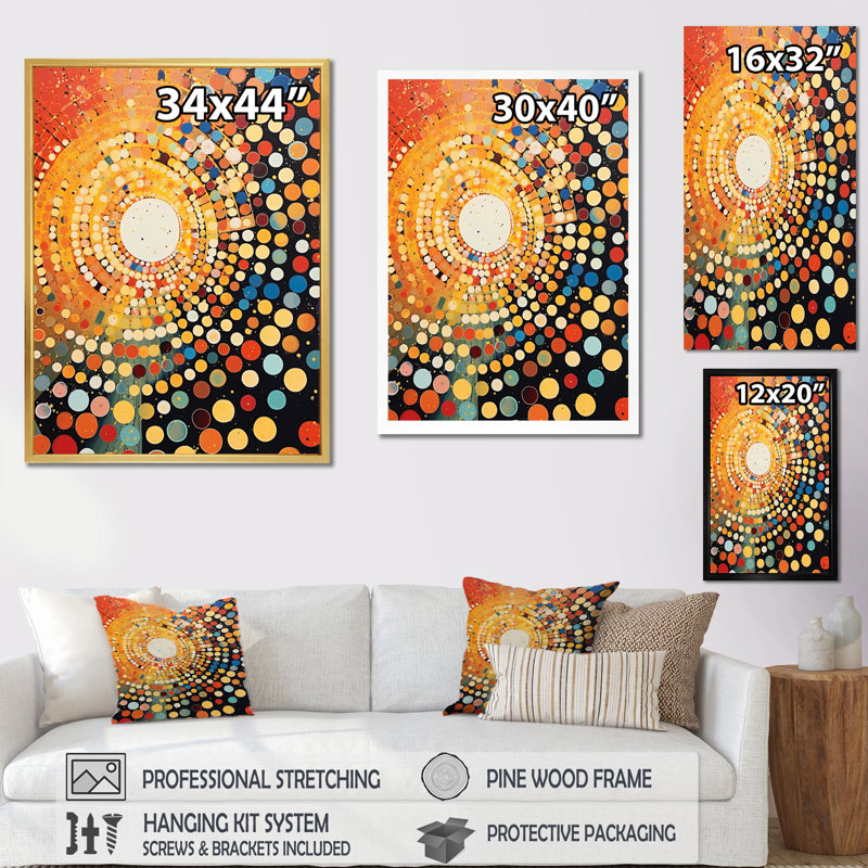 " Aboriginal Circular Dot Amber Compositions I ", White Picture Framed, 32" H x 16" W x 1" D