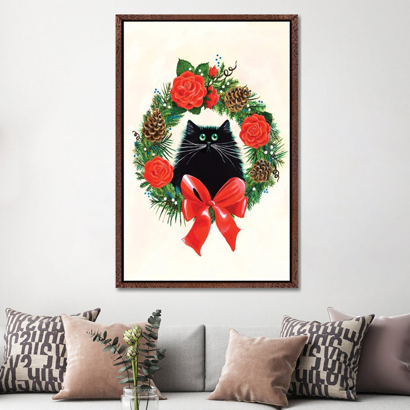 Black Cat In Rose Wreath by Kim Haskins - Print on Canvas, Classic Brown Wood Framed, 152.5 cm H x 101.5 cm W