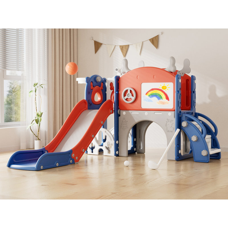 Glissoire 12 en 1 pour tout-petits, ensemble de jeu pour tout-petits avec golf, planche à dessin, panier de basketball et espace de rangement