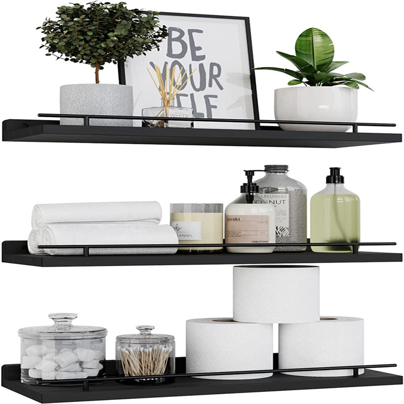 Floating Shelves With Metal Guardrail, Shelves For Wall Decor Set Of 3, Wall Shelves For Bedroom, Bathroom, Kitchen, Living Room, Plants, Picture Frames, Art