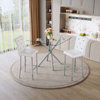 3PCS Modern Glass Bar Dining Set Table, Contemporary Counter Height Glass Top Pub Table With 2 PU Leather Bar Chairs For Kitchen Island, Home Bar, Small Space