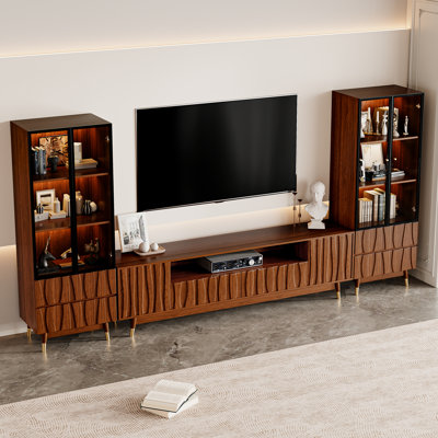125.9" Mid-century Modern Brown Fluted Entertainment Center With Bookshelves For 55/58/65/70/75 Inch TV, Wood Walnut Finish 78.7" TV Console With Drawers And Lighted Glass Display Bookshelf, Media Console With Storage For Living Room