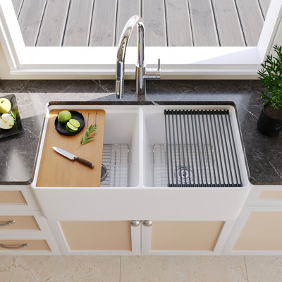 Évier de cuisine à double cuve avec station d'évier, grille à découper et égouttoir DeerValley L 33 po x l 20 po