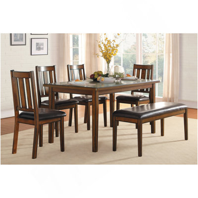 Espresso Finish 6Pc Dining Set Tabe Bench And 4 Chairs Set Black Faux Leather Upholstered Seat Dining Kitchen Set Wooden Furniture
