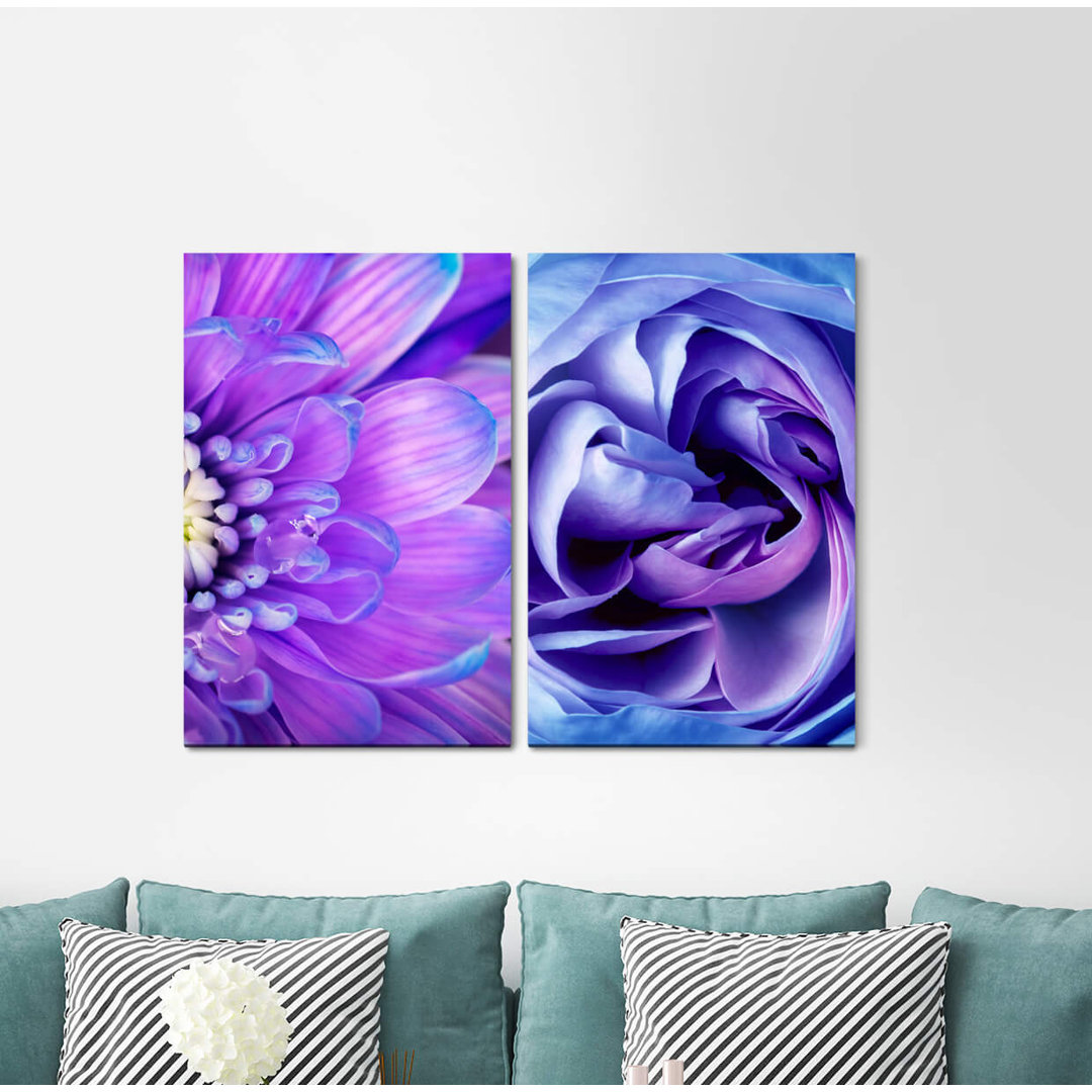 2-tlg. Leinwandbilder-Set - Grafikdruck „Zinnie Rose Flowers Blossoms Purple Feminine”