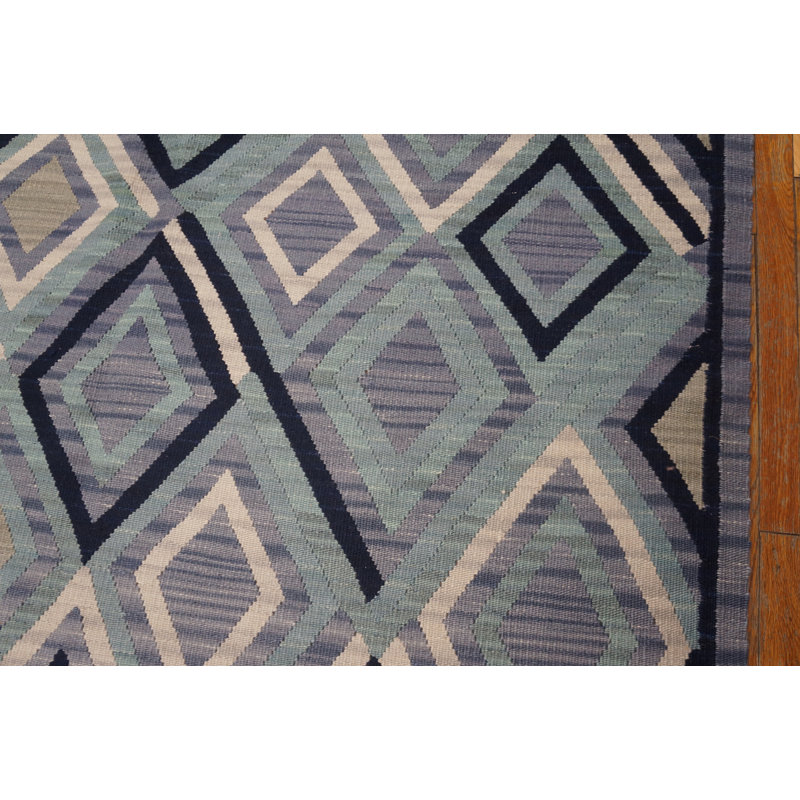 Tapis bleu marine / bleu clair / ivoire en laine noué à la main de conception unique 9 pi x 12 pi