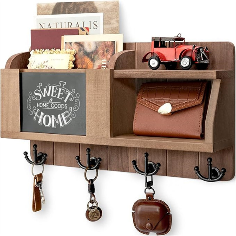 Vintage Brown Wooden Key and Mail Holder with Chalkboard and Hooks